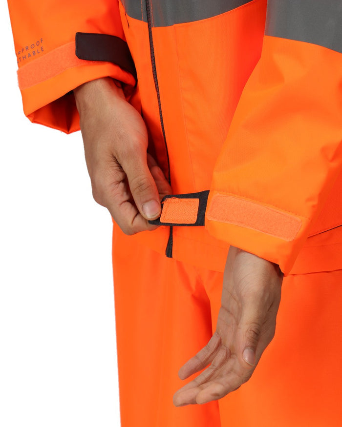 Orange Grey coloured Regatta Mens Hi-Vis Waterproof Reflective Parka Jacket on white background #colour_orange-grey