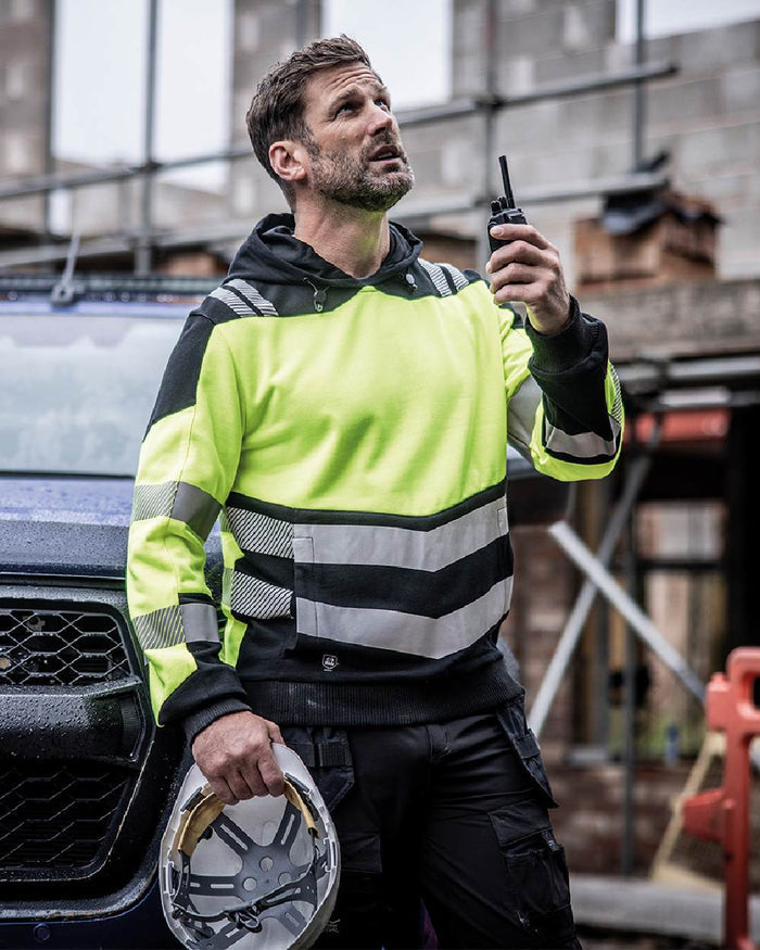 Black Yellow Coloured Regatta Mens Hi-Vis X-Pro Hoodie Class 2 on Blurry Background
#colour_black-yellow