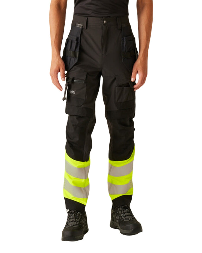 Black Yellow Coloured Regatta Mens Hi-Vis X-Pro Stretch Holster Trousers Class 1 on White Background
#colour_black-yellow
