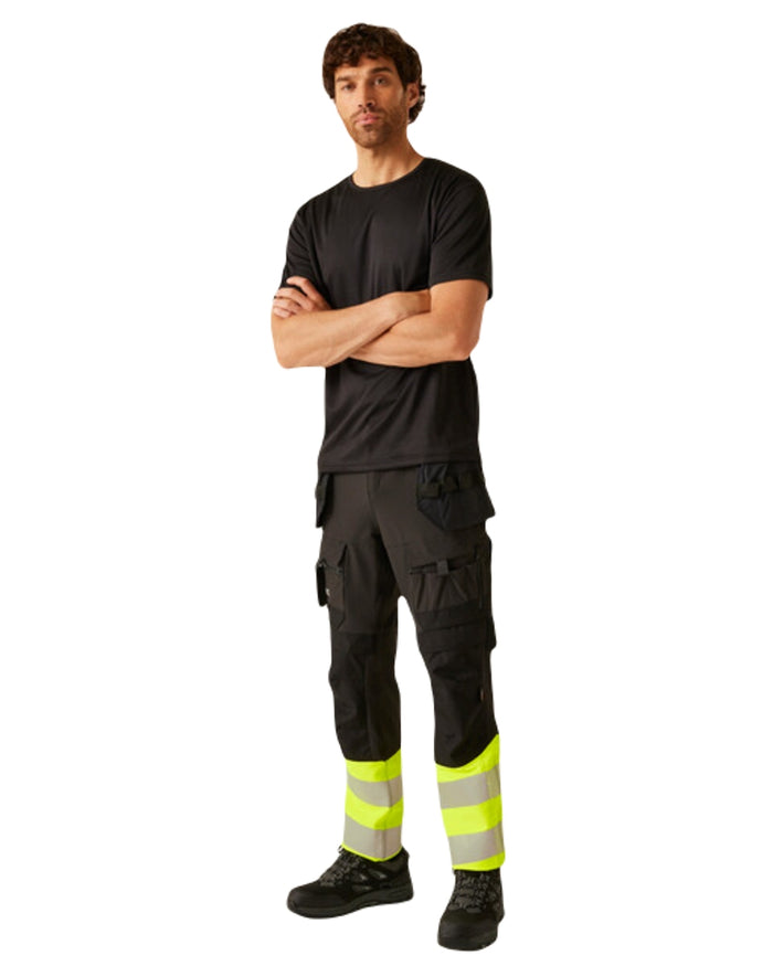 Black Yellow Coloured Regatta Mens Hi-Vis X-Pro Stretch Holster Trousers Class 1 on White Background
#colour_black-yellow