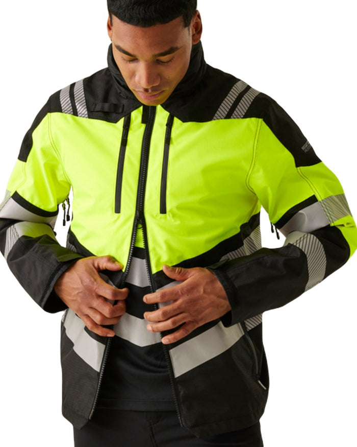 Black Yellow Coloured Regatta Mens Hi-Vis X-Pro Waterproof Shell Jacket Class 2 on White Background
#colour_black-yellow