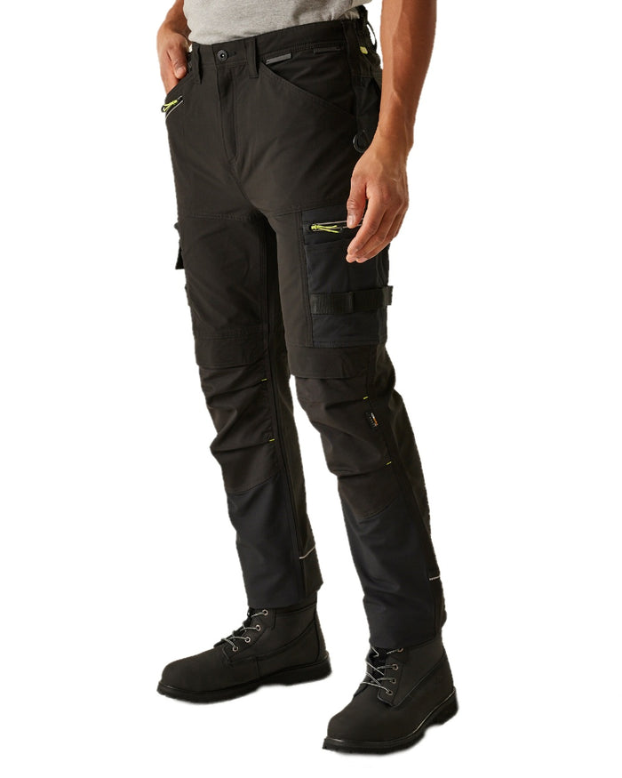 Black coloured Regatta Mens Infiltrate Softshell Stretch Trousers on white background #colour_black