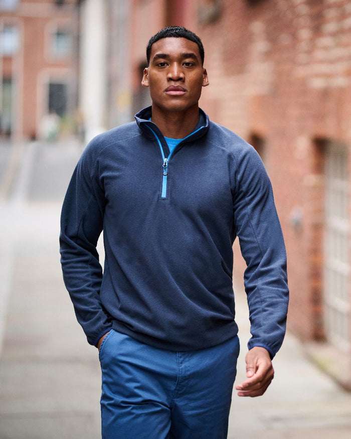 Navy French Blue coloured Regatta Mens Navigate Half-Zip Fleece on blurry background #colour_navy-french-blue