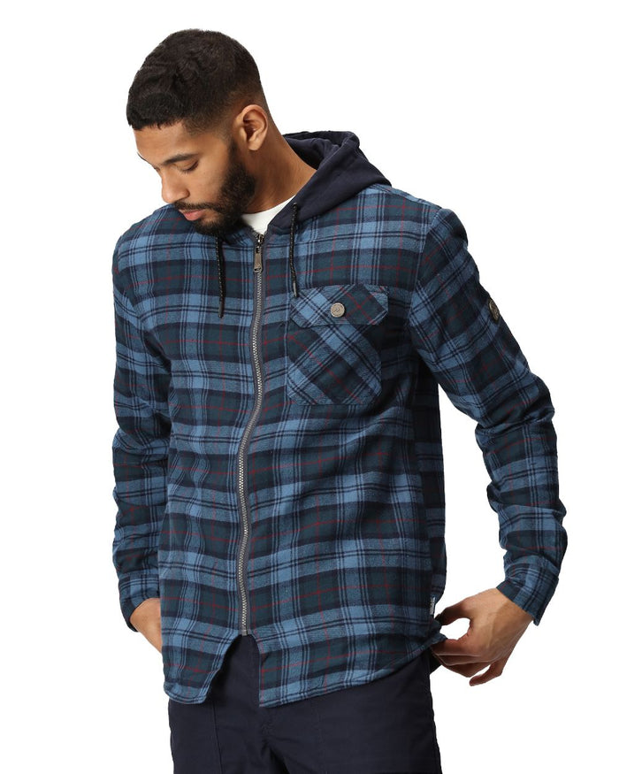 Navy Check coloured Regatta Professional Mens Seige Hooded Shirt Jacket on white background #colour_navy-check