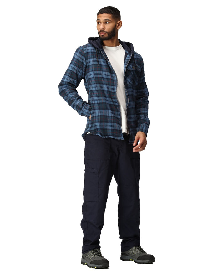 Navy Check coloured Regatta Professional Mens Seige Hooded Shirt Jacket on white background #colour_navy-check