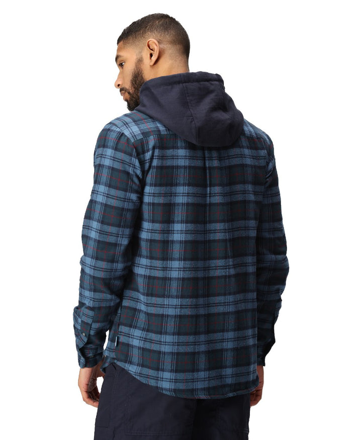 Navy Check coloured Regatta Professional Mens Seige Hooded Shirt Jacket on white background #colour_navy-check