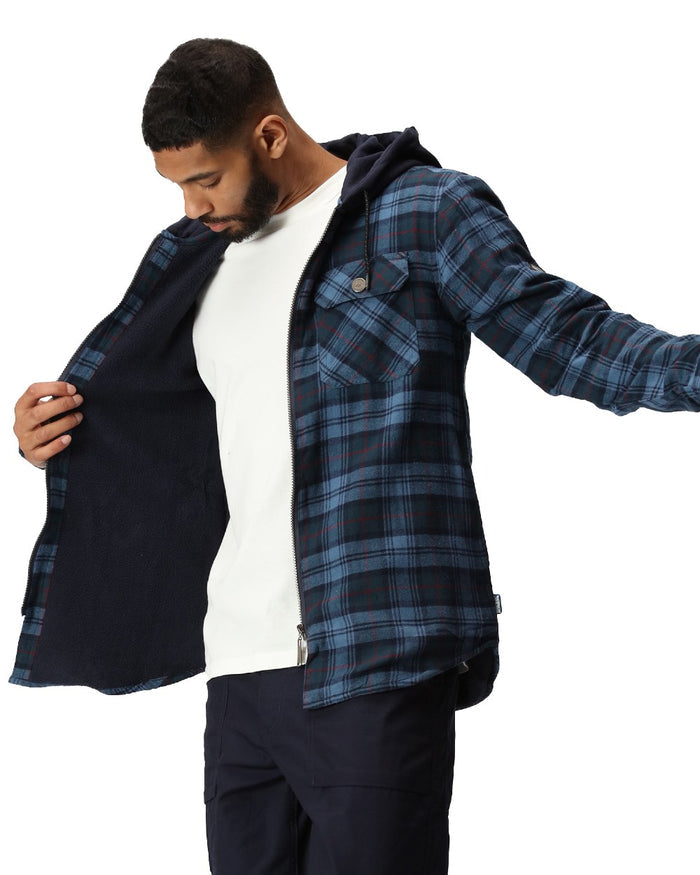 Navy Check coloured Regatta Professional Mens Seige Hooded Shirt Jacket on white background #colour_navy-check