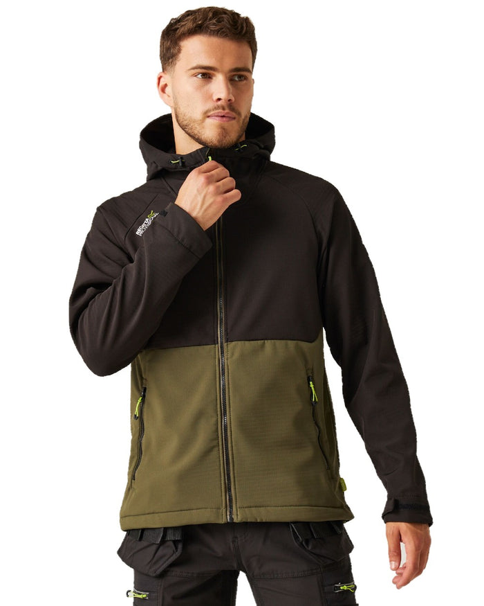 Dark Khaki Black coloured Regatta Mens Surrender Softshell Jacket on white background #colour_dark-khaki-black
