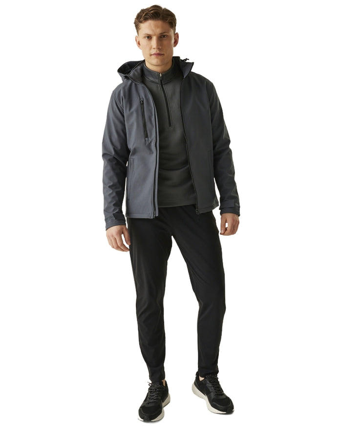Seal Grey Black coloured Regatta Mens Venturer 3 Layer Printable Hooded Softshell Jacket on white background #colour_seal-grey-black