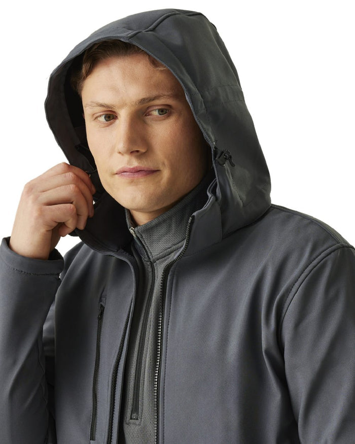 Seal Grey Black coloured Regatta Mens Venturer 3 Layer Printable Hooded Softshell Jacket on white background #colour_seal-grey-black