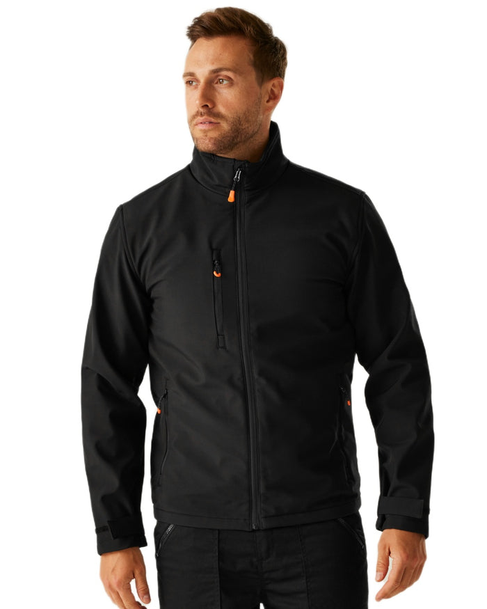 Black coloured Regatta Professional Mens Thermogen Heated Softshell Jacket on white background #colour_black
