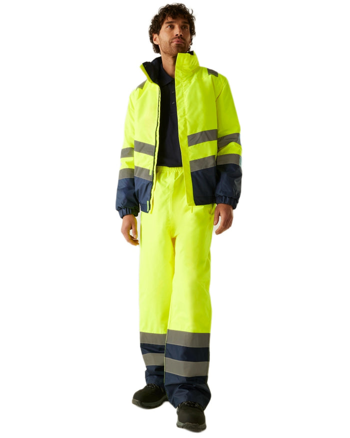 Yellow Navy coloured Regatta Professional Mens Waterproof Hi-Vis Bomber Jacket on white background #colour_yellow-navy