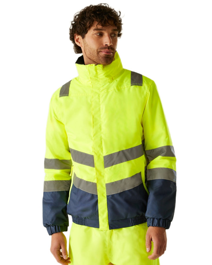 Yellow Navy coloured Regatta Professional Mens Waterproof Hi-Vis Bomber Jacket on white background #colour_yellow-navy