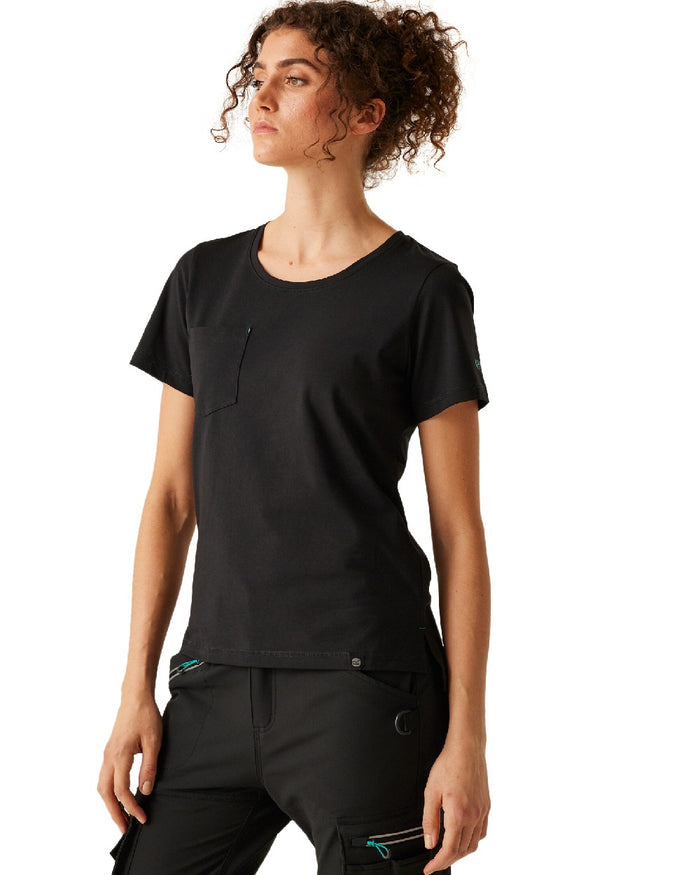 Black coloured Regatta Womens ADA Cotton Stretch T-Shirt on white background #colour_black