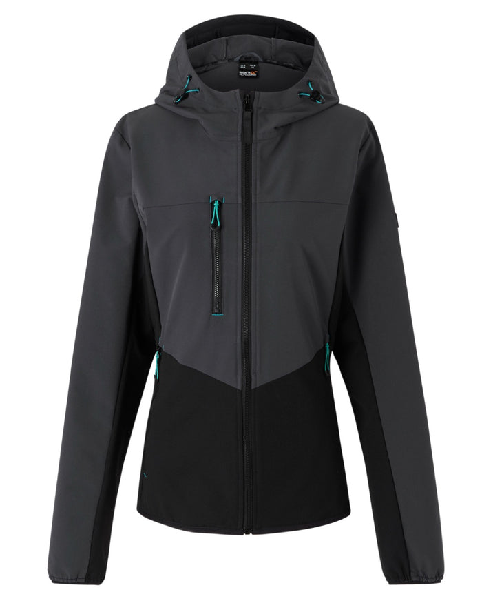 Seal Grey Black coloured Regatta Women's ADA Stretch Softshell Jacket on white background #colour_seal-grey-black