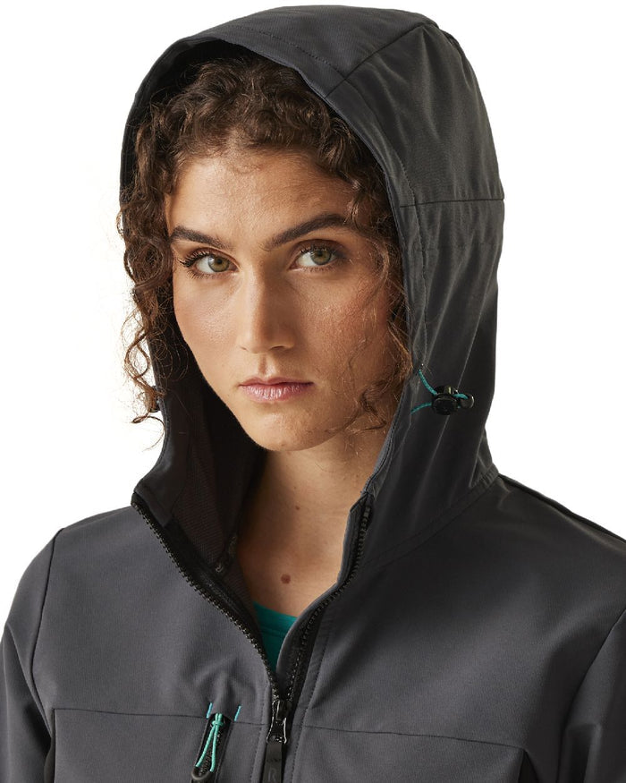 Seal Grey Black coloured Regatta Women's ADA Stretch Softshell Jacket on white background #colour_seal-grey-black