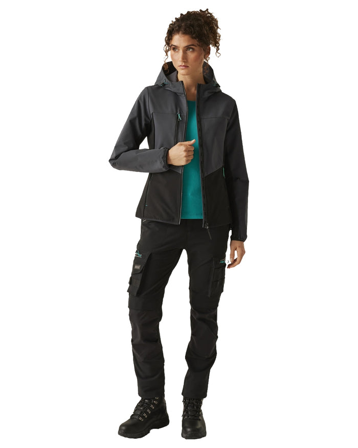 Seal Grey Black coloured Regatta Women's ADA Stretch Softshell Jacket on white background #colour_seal-grey-black