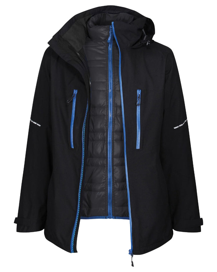 Black Oxford Blue coloured Regatta Professional Mens X-Pro Evader III 3 in 1 Waterproof Insulated Jacket on white background #colour_black-oxford-blue