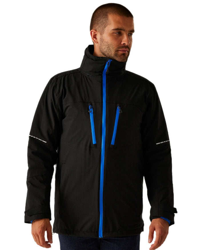 Black Oxford Blue coloured Regatta Professional Mens X-Pro Evader III 3 in 1 Waterproof Insulated Jacket on white background #colour_black-oxford-blue