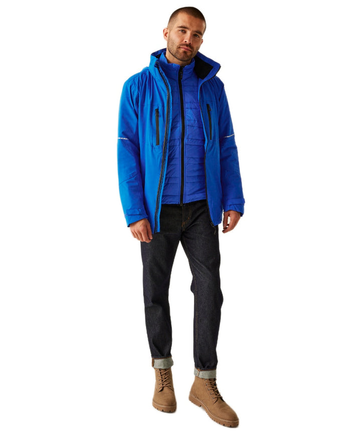 Oxford Blue Black coloured Regatta Professional Mens X-Pro Evader III 3 in 1 Waterproof Insulated Jacket on white background #colour_oxford-blue-black