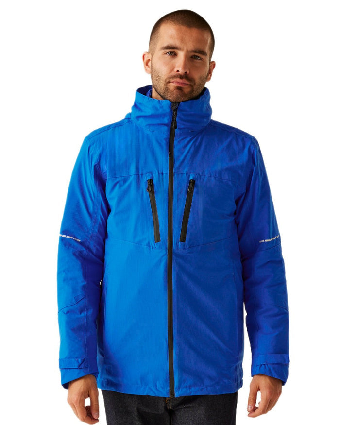 Oxford Blue Black coloured Regatta Professional Mens X-Pro Evader III 3 in 1 Waterproof Insulated Jacket on white background #colour_oxford-blue-black