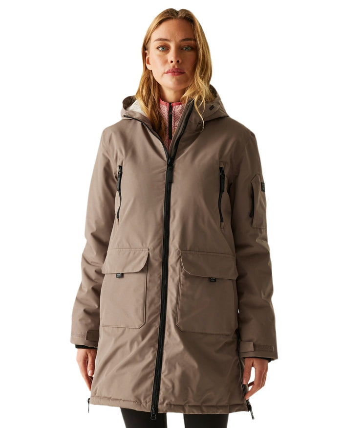 Mocha Perfectly Pale Coloured Regatta Womens Gwynn Waterproof Insulated Jacket on white background #colour_mocha-perfectly-pale