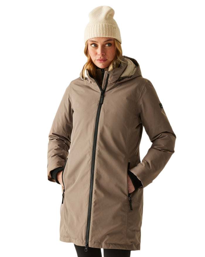 Mocha Perfectly Pale Coloured Regatta Womens Marron Waterproof Insulated Jacket on white background #colour_mocha-perfectly-pale