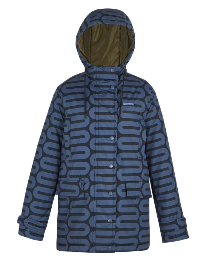 Large Wiggle Blue Coloured Regatta Womens Orla Kiely Mid Length Waterproof Jacket on white background #colour_large-wiggle-blue