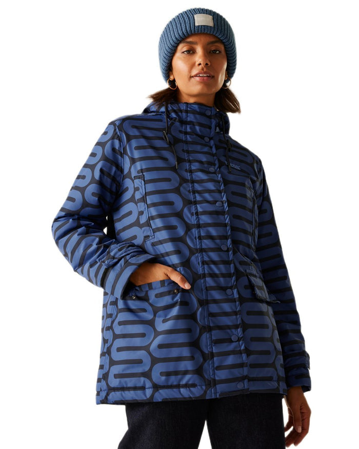 Large Wiggle Blue Coloured Regatta Womens Orla Kiely Mid Length Waterproof Jacket on white background #colour_large-wiggle-blue