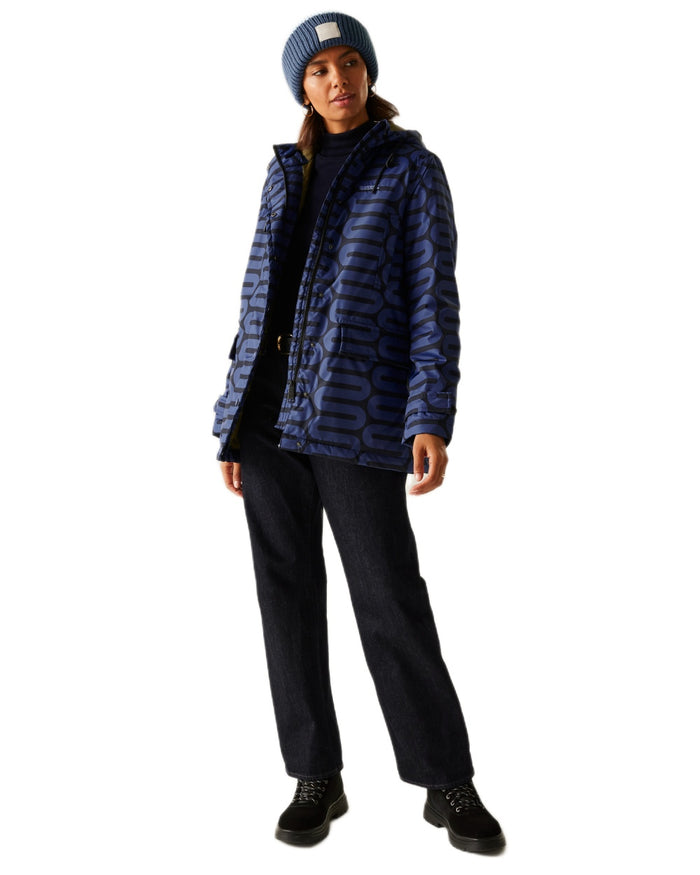 Large Wiggle Blue Coloured Regatta Womens Orla Kiely Mid Length Waterproof Jacket on white background #colour_large-wiggle-blue