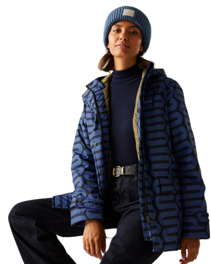 Large Wiggle Blue Coloured Regatta Womens Orla Kiely Mid Length Waterproof Jacket on white background #colour_large-wiggle-blue