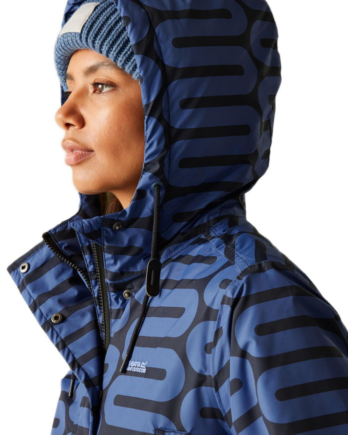Large Wiggle Blue Coloured Regatta Womens Orla Kiely Mid Length Waterproof Jacket on white background #colour_large-wiggle-blue