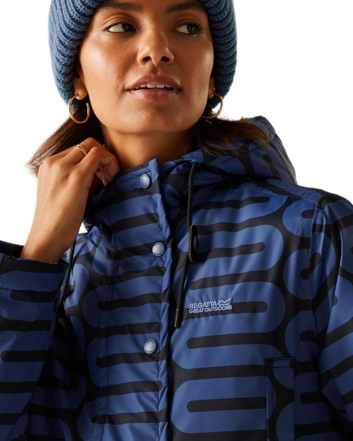 Large Wiggle Blue Coloured Regatta Womens Orla Kiely Mid Length Waterproof Jacket on white background #colour_large-wiggle-blue