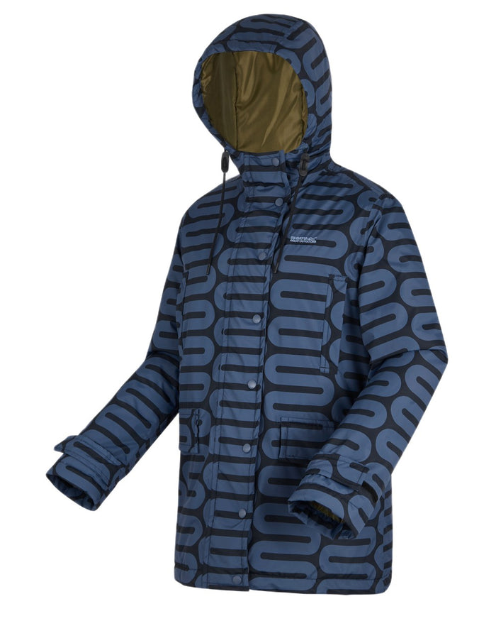Large Wiggle Blue Coloured Regatta Womens Orla Kiely Mid Length Waterproof Jacket on white background #colour_large-wiggle-blue