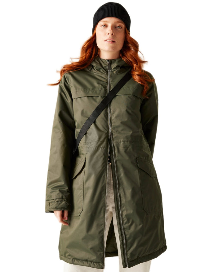 Dark Khaki Black Coloured Regatta Womens Romine II Waterproof Parka Jacket on white background #colour_dark-khaki-black