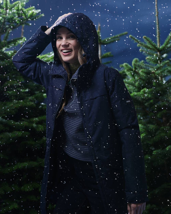 Navy Coloured Regatta Womens Romine II Waterproof Parka Jacket on tree background #colour_navy
