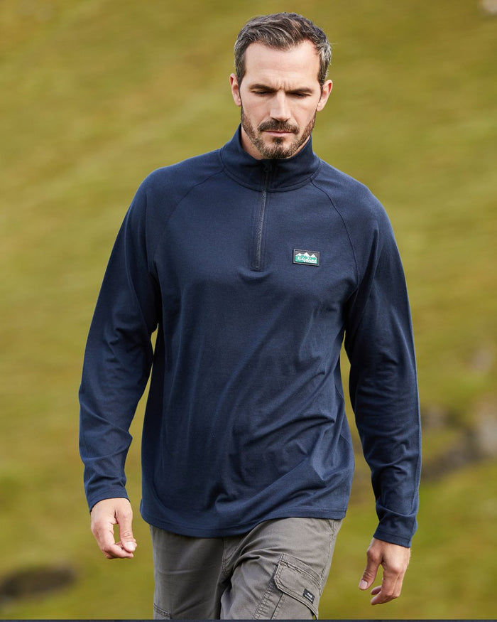 Navy Marl Coloured Ridgeline Baseline Pull On Zip Top on outdoor background #colour_navy-marl