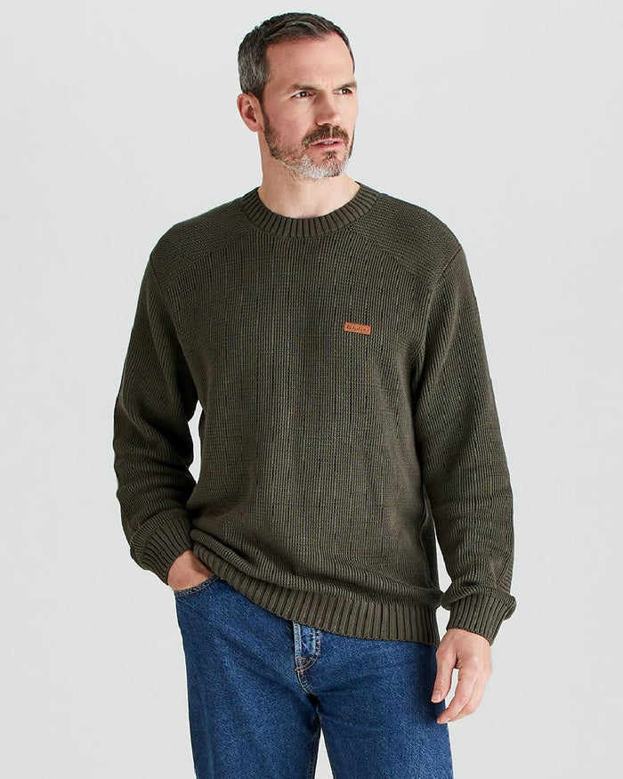 Moss coloured Ridgeline Mens Journeyman Knit Jumper on grey background #colour_moss