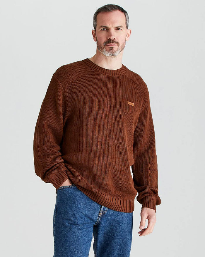 Nutmeg coloured Ridgeline Mens Journeyman Knit Jumper on grey background #colour_nutmeg