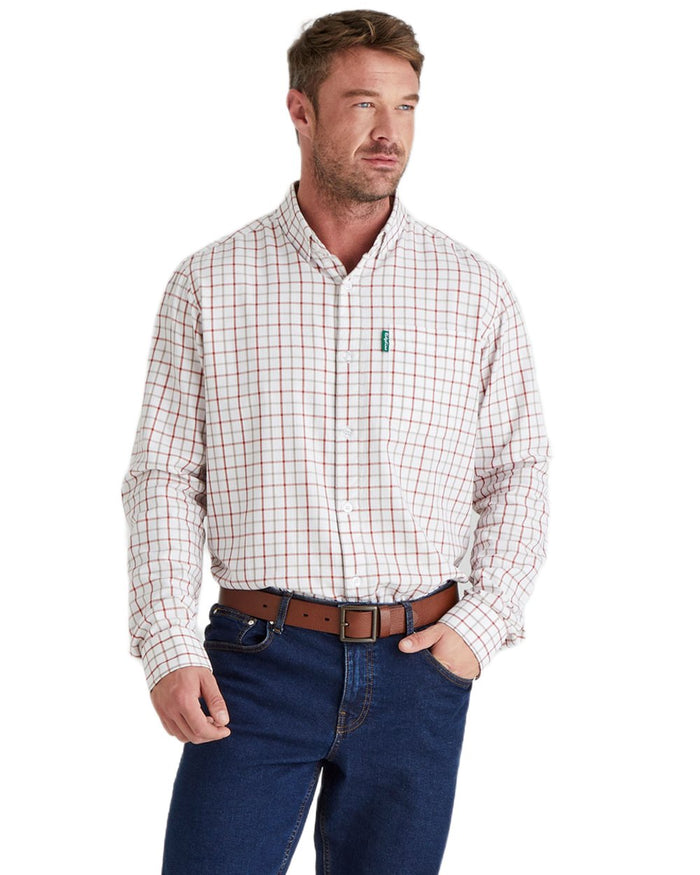 Russet coloured Ridgeline Mens Sedgebrook Shirt on white background #colour_russet