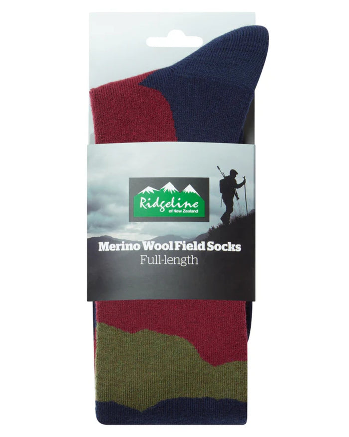 Navy Stripes Coloured Ridgeline Merino Wool Full Length Socks on white background #colour_navy-stripes