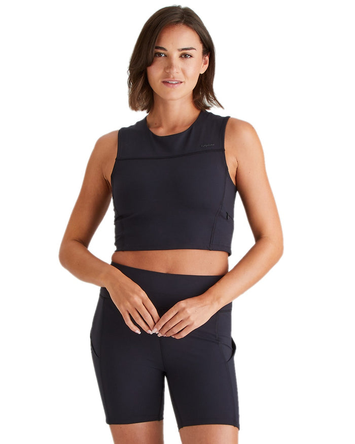 Black Coloured Ridgeline Womens Infinity Crop Top on white background #colour_black