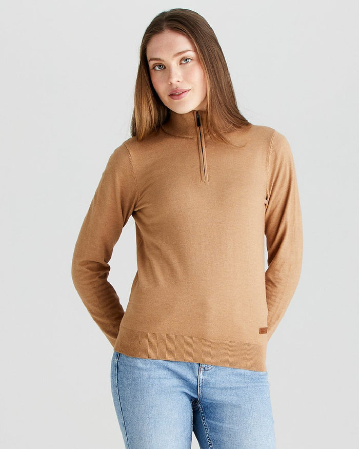Sienna coloured Ridgeline Womens Melford Knit 1/4 Zip Jumper on grey background #colour_sienna