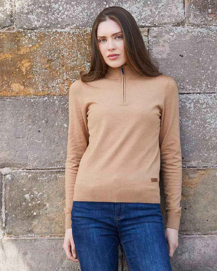 Sienna coloured Ridgeline Womens Melford Knit 1/4 Zip Jumper on grey background #colour_sienna