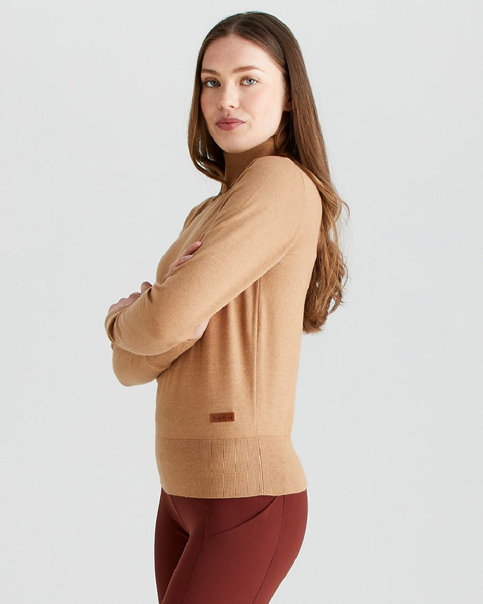 Sienna coloured Ridgeline Womens Melford Knit Roll Neck Jumper on grey background #colour_sienna