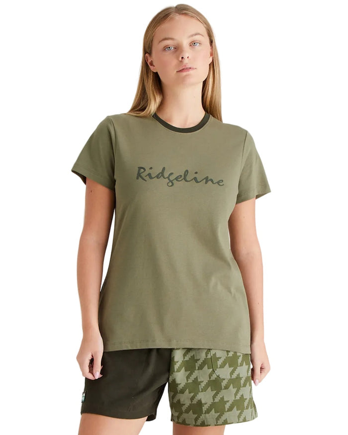 Khaki Green Coloured Ridgeline Womens Signature T-Shirt on white background #colour_khaki-green