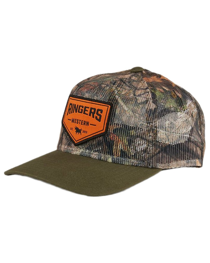 Camo Green coloured Ringers Western Jett Trucker Cap on white background #colour_camo-green