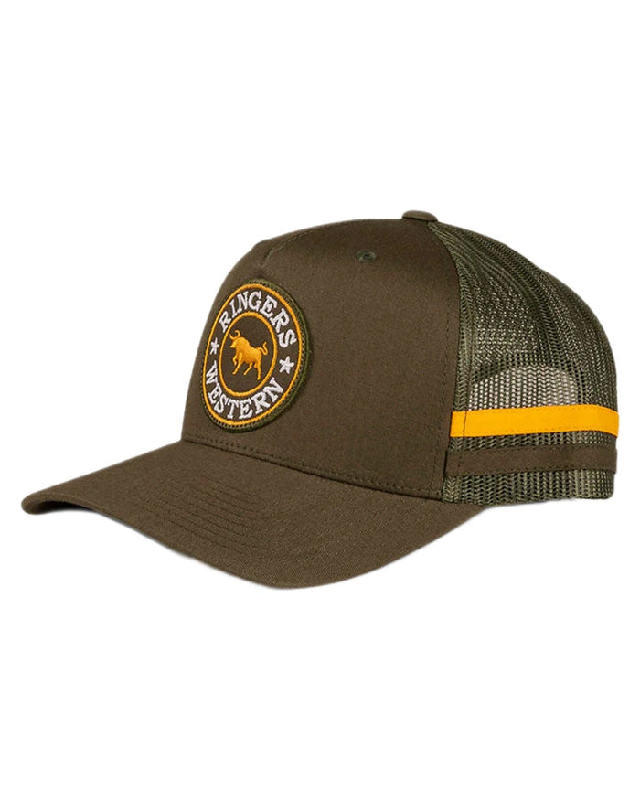 Olive coloured Ringers Western McCoy Trucker Cap on white background #colour_olive