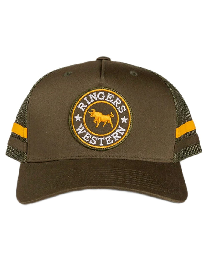 Olive coloured Ringers Western McCoy Trucker Cap on white background #colour_olive