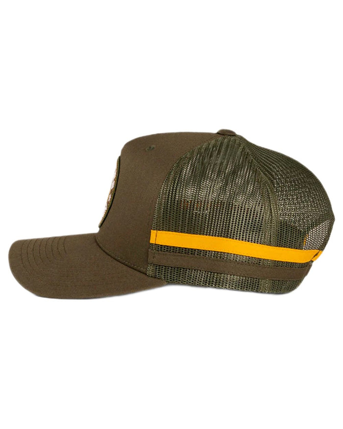 Olive coloured Ringers Western McCoy Trucker Cap on white background #colour_olive